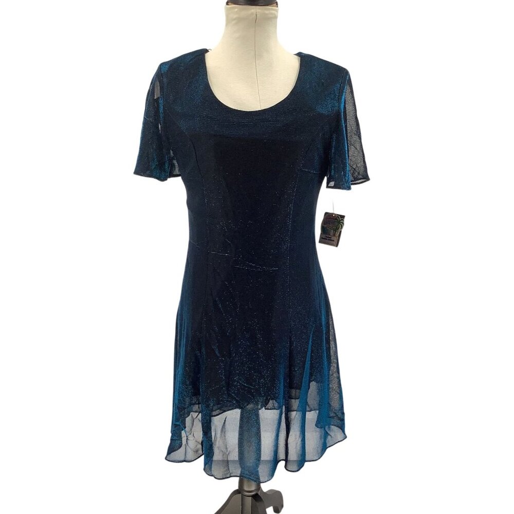 NWT Vintage 90s Teddi Womens Blue Sparkle Mylar A-Line Dress Size 12